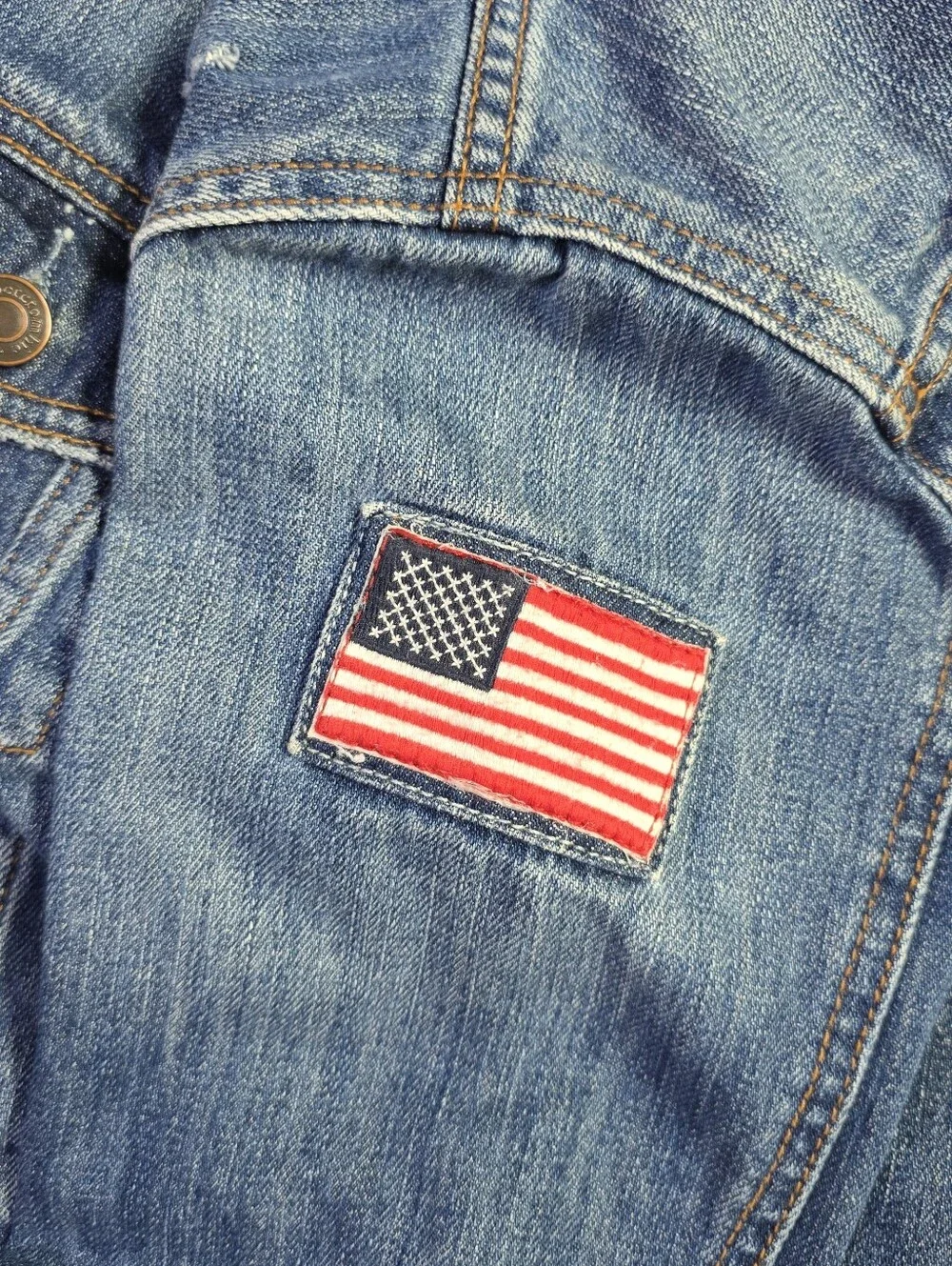 Abercrombie Kids Distressed Denim Trucker Jacket USA Flag Blue 13/14